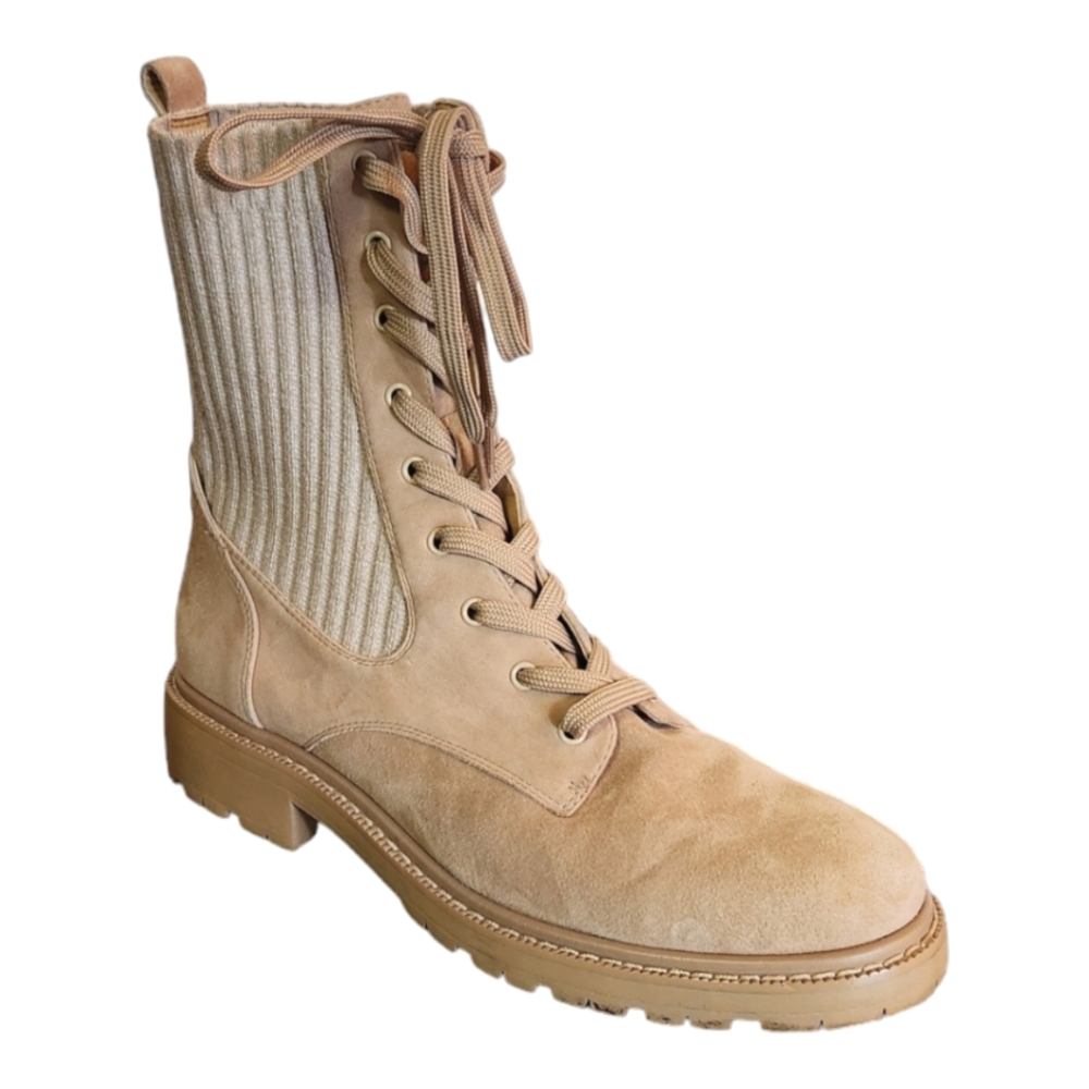 Sam Edelman Lydell Mixed Media Combat Boots Tan Suede Ribbed Knit Size 10